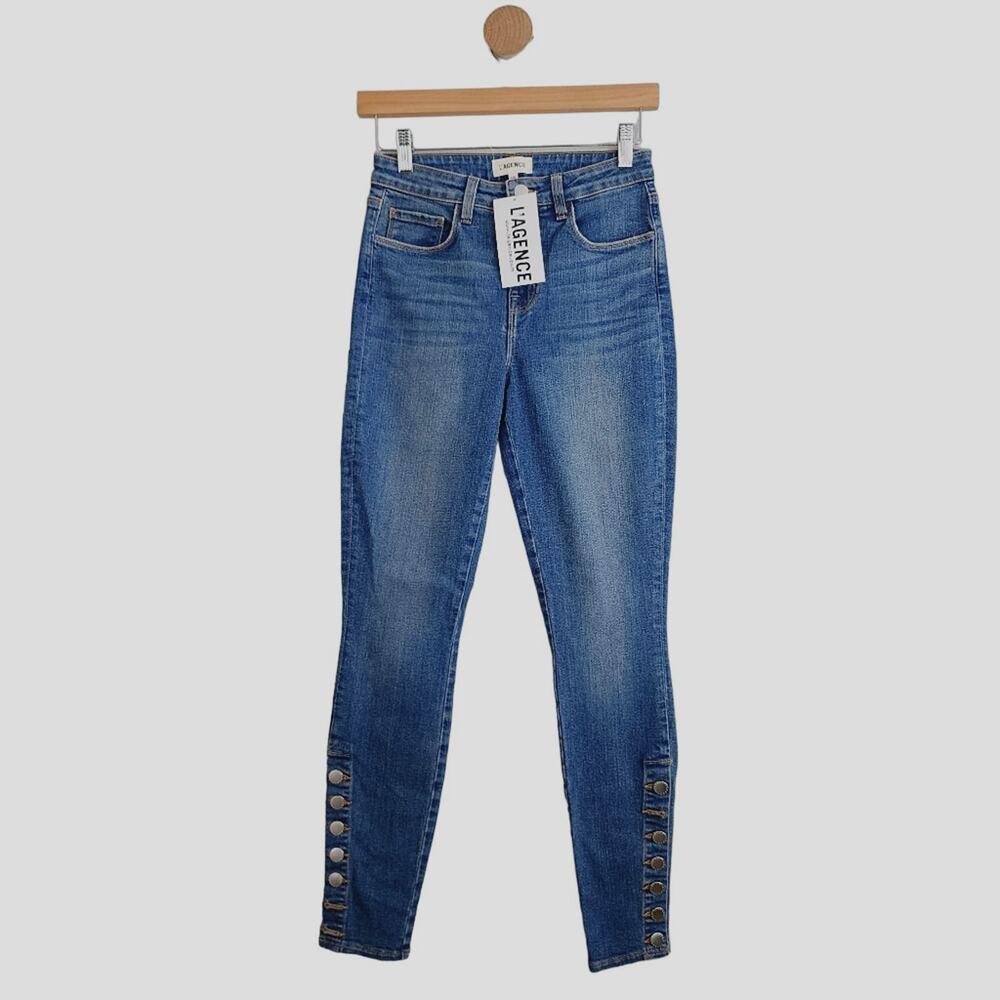 NWT L'AGENCE Piper High Rise Button Hem Skinny Jeans Vintage Blue 25